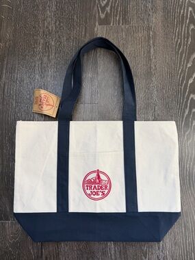 Trader Joe's White and Navy Canvas Tote Bag
